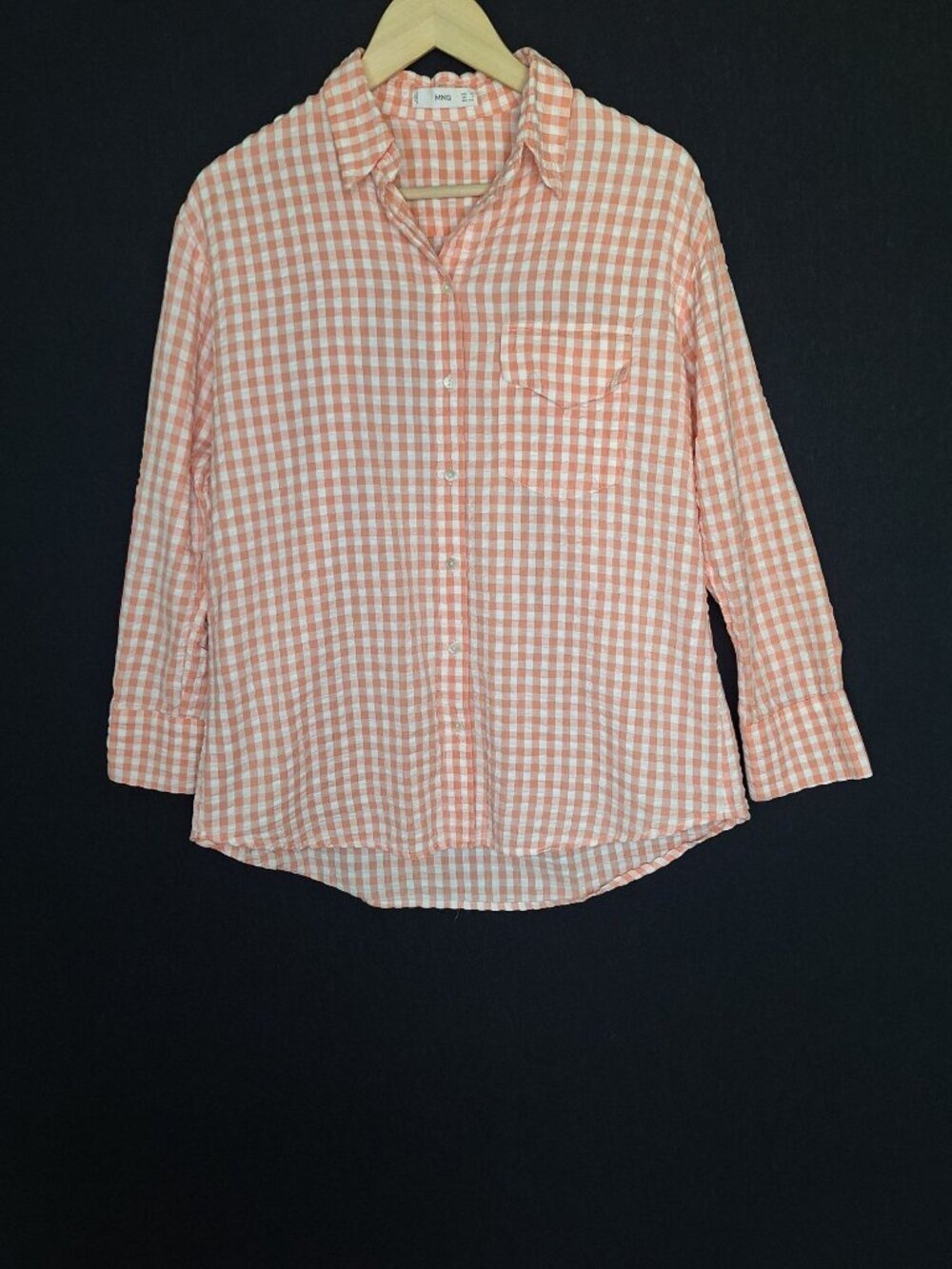 💙 MNG Mango 100% Cotton Gingham Seesucker Size M/L Button Front Shirt Peach Whi
